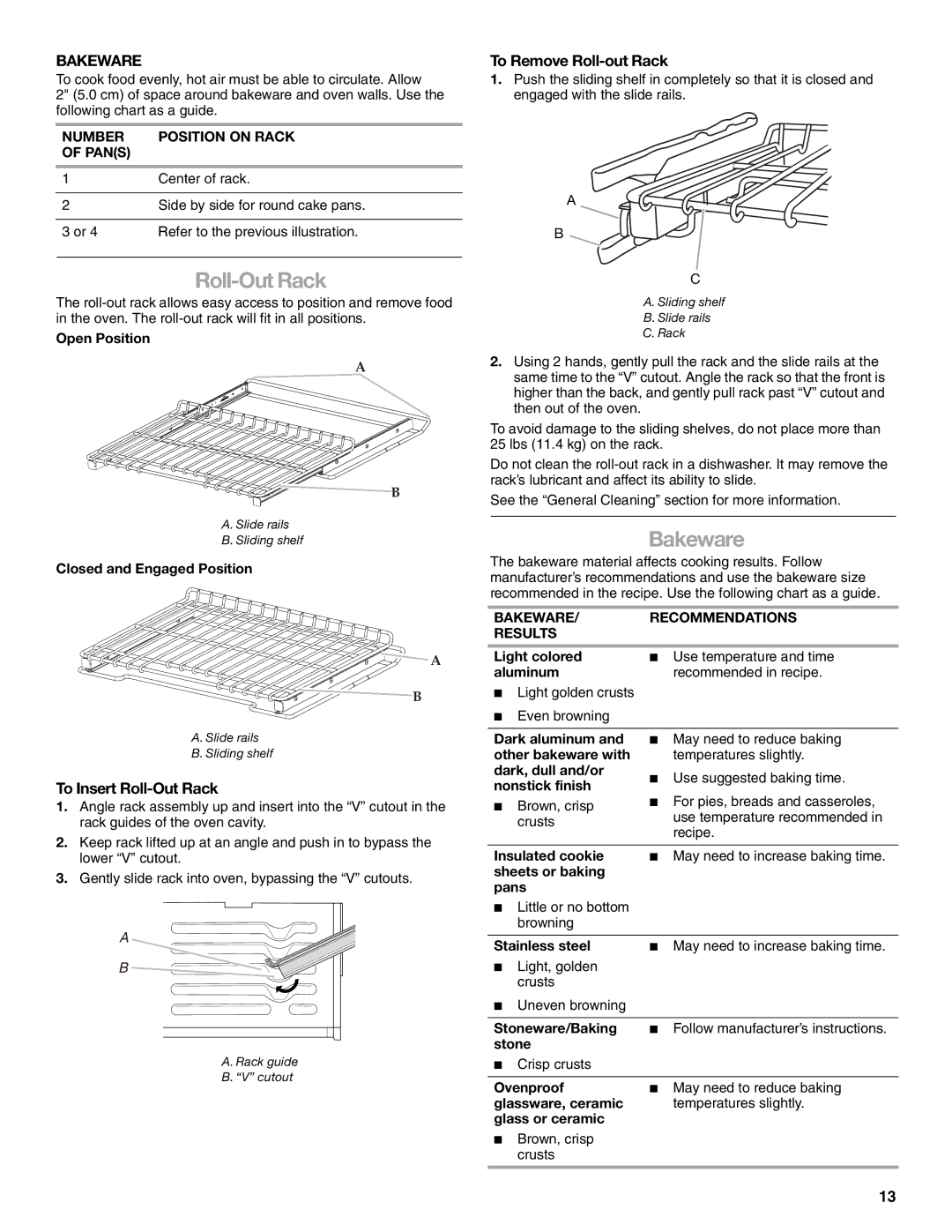 KitchenAid KDRS505XSS manual Bakeware, To Insert Roll-Out Rack, To Remove Roll-out Rack 