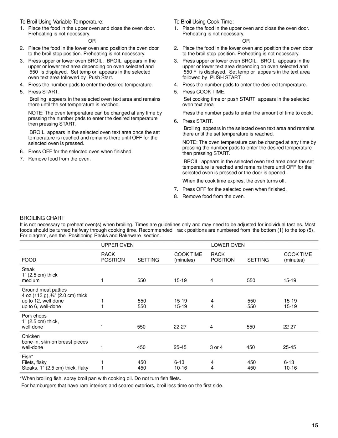 KitchenAid KDRS505XSS To Broil Using Variable Temperature, To Broil Using Cook Time, Broiling Chart, Position Setting 