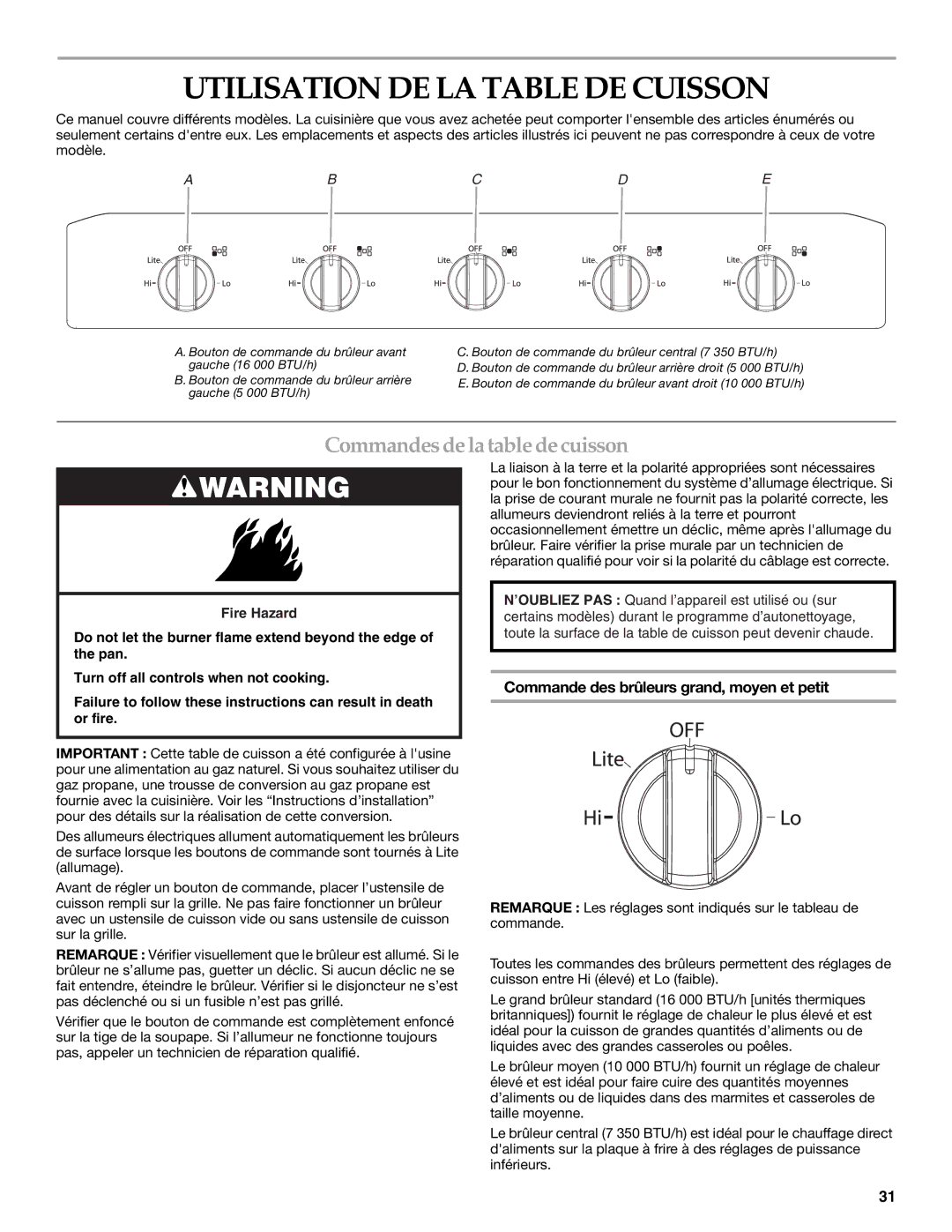 KitchenAid KDRS505XSS manual Utilisation DE LA Table DE Cuisson, Commandesdela table decuisson 