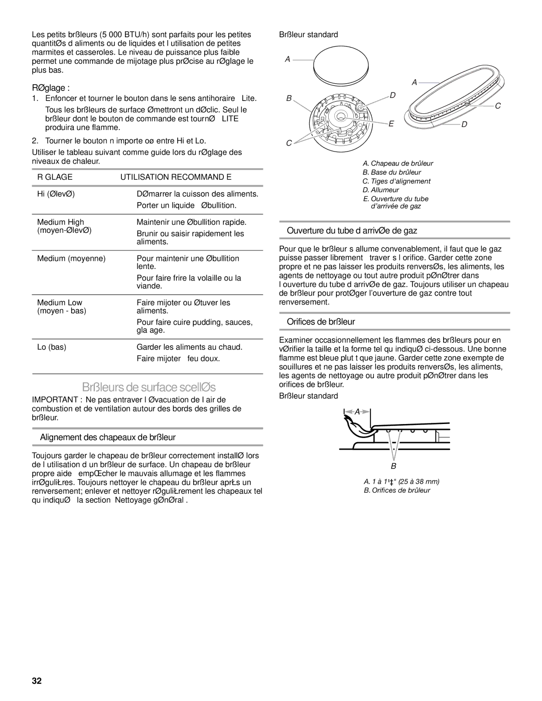 KitchenAid KDRS505XSS manual Brûleurs desurface scellés, Réglage, Alignement des chapeaux de brûleur, Orifices de brûleur 