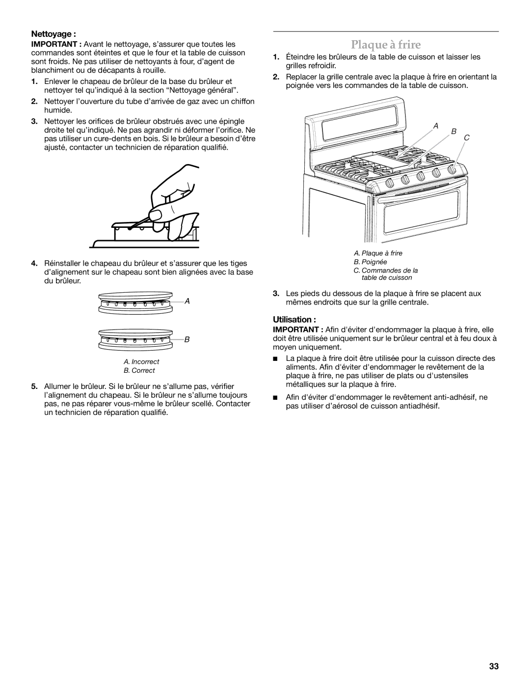 KitchenAid KDRS505XSS manual Plaque à frire, Nettoyage, Utilisation 