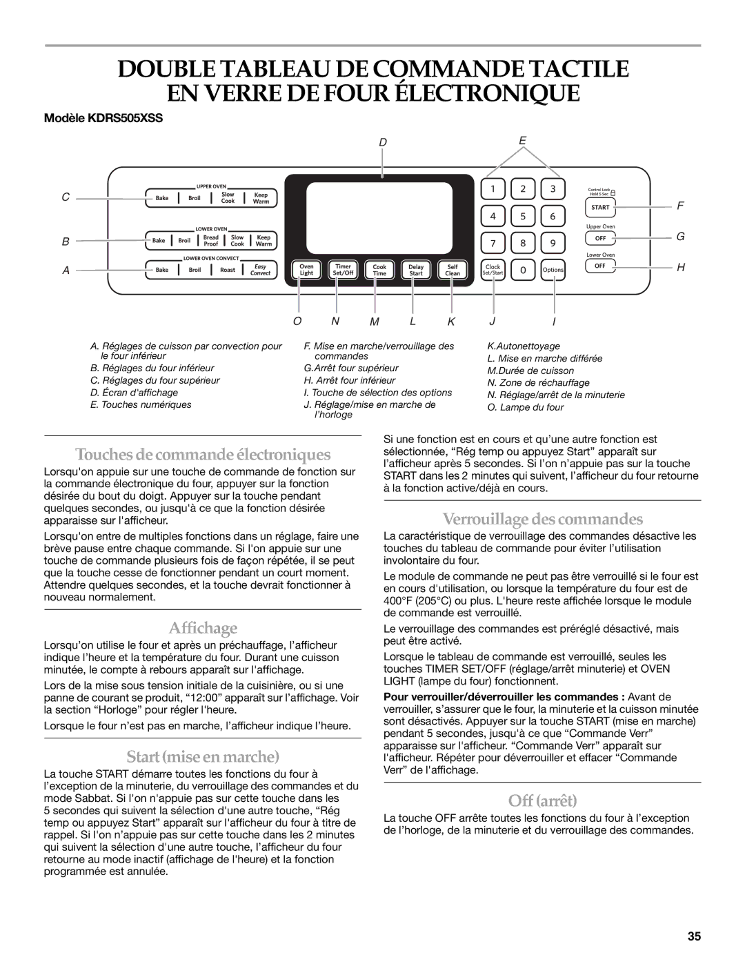 KitchenAid KDRS505XSS Touches decommandeélectroniques, Affichage, Startmiseenmarche, Verrouillage descommandes, Off arrêt 