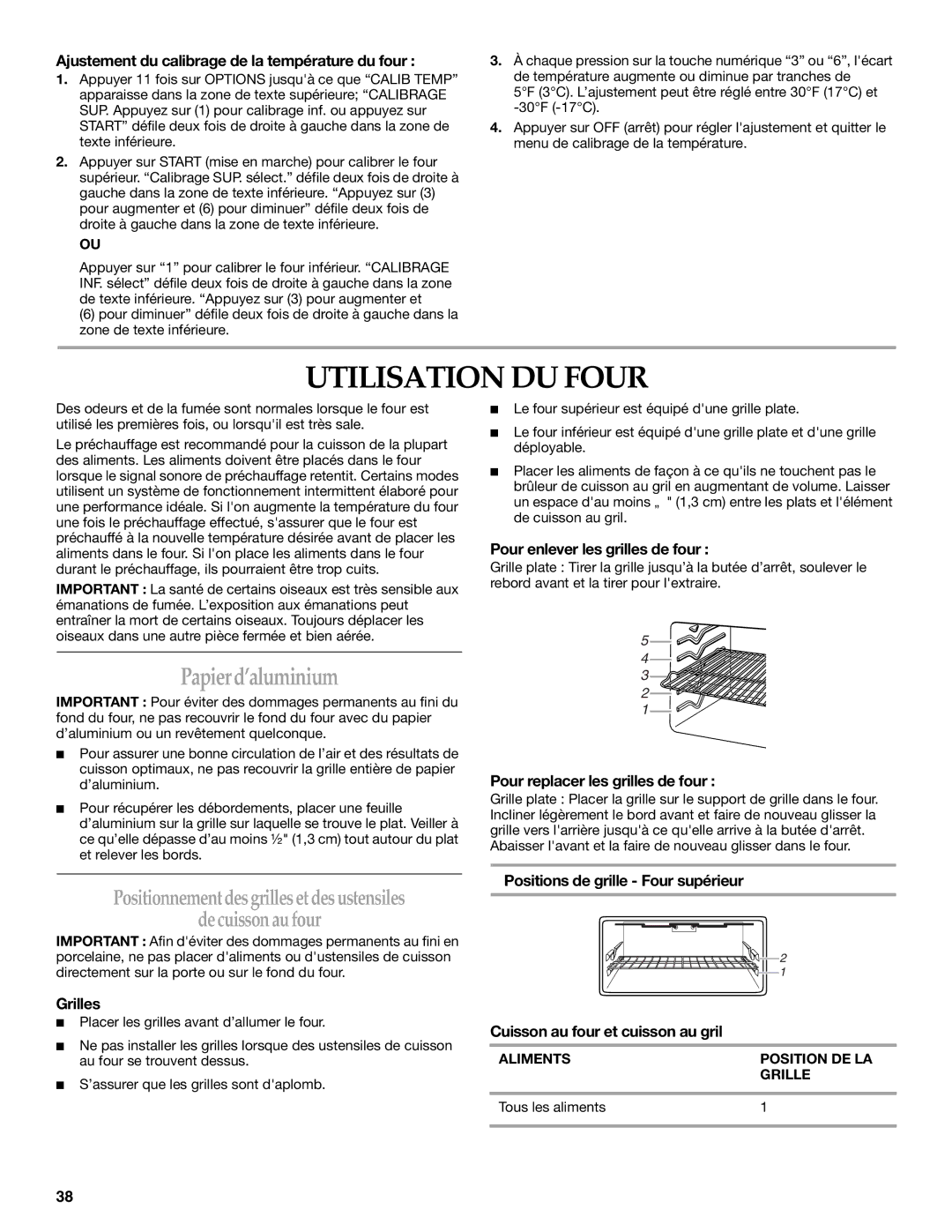 KitchenAid KDRS505XSS Utilisation DU Four, Papierd’aluminium, Positionnementdesgrillesetdesustensiles Decuissonaufour 