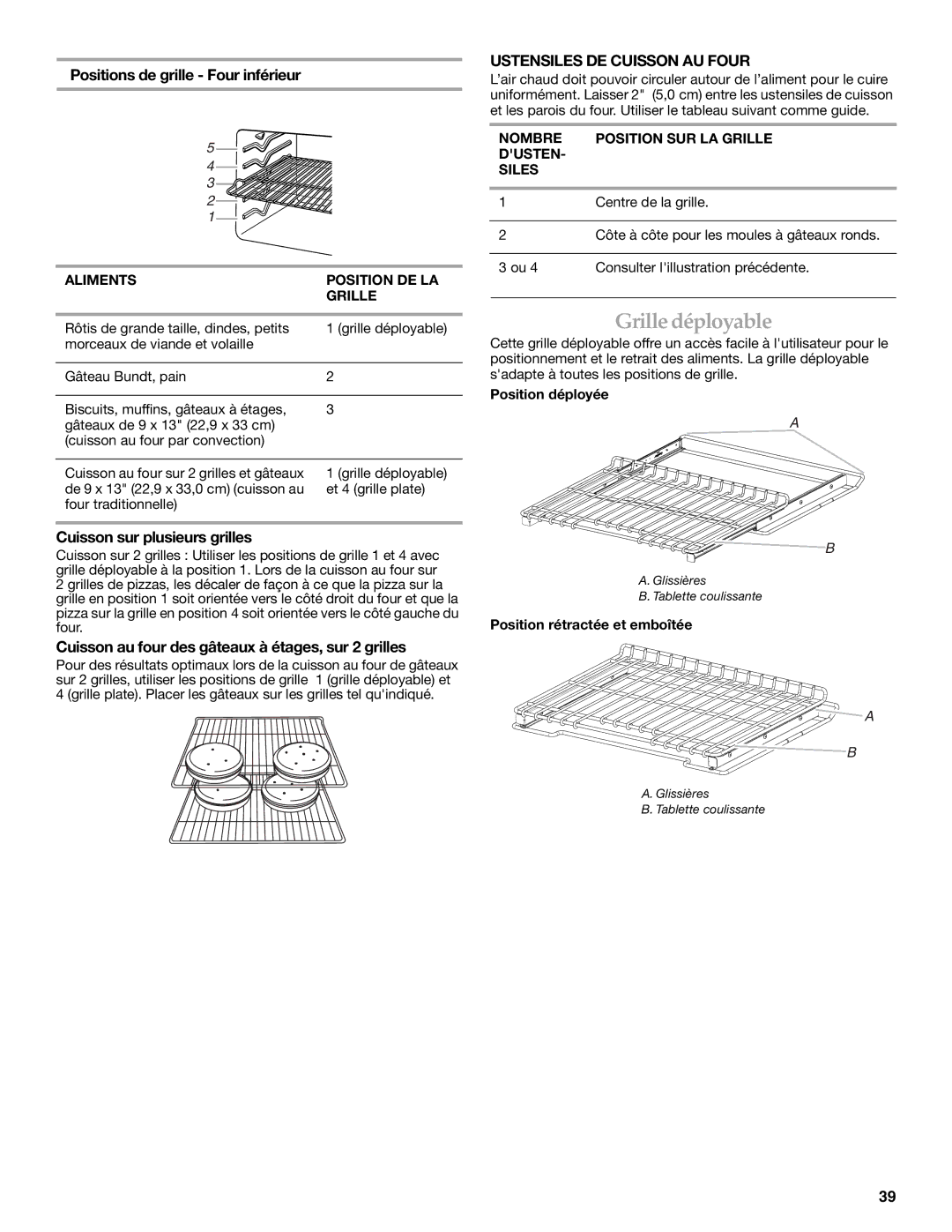 KitchenAid KDRS505XSS manual Grille déployable, Positions de grille Four inférieur, Ustensiles DE Cuisson AU Four 