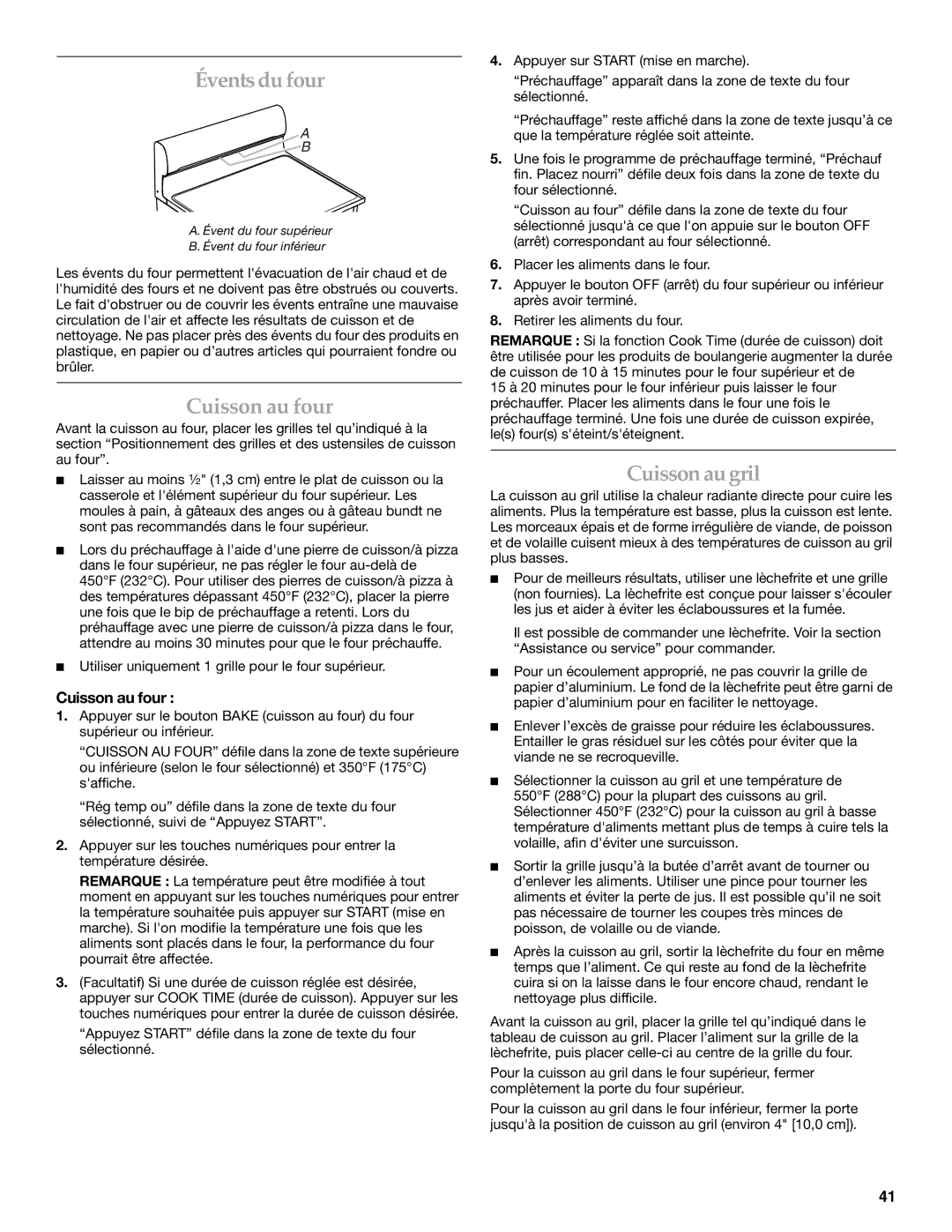 KitchenAid KDRS505XSS manual Évents dufour, Cuisson au four, Cuisson au gril 