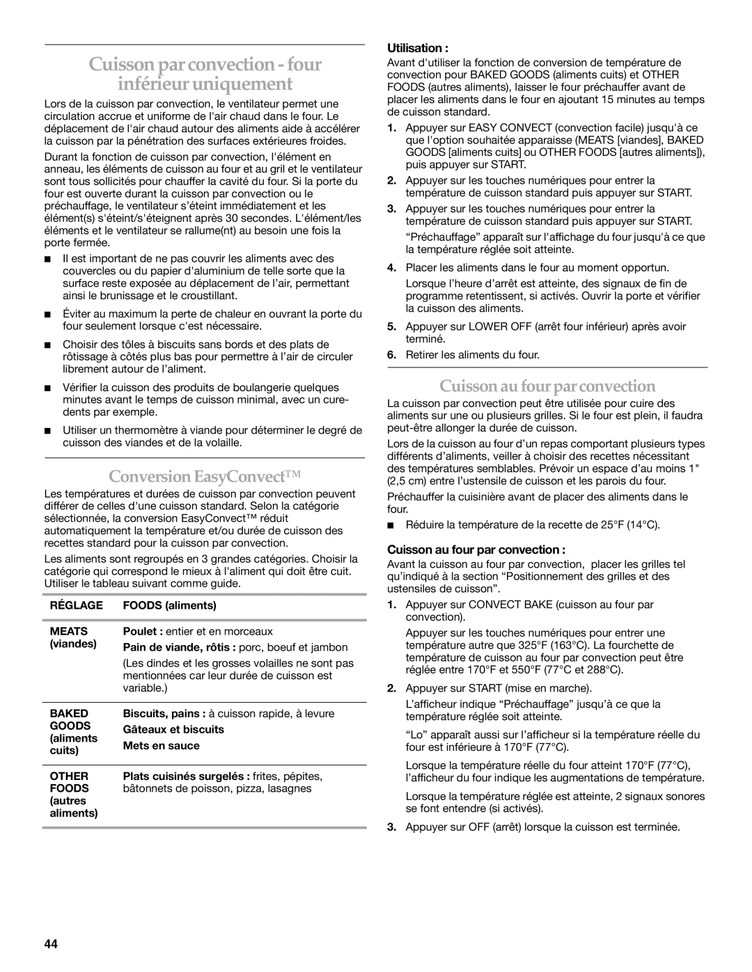 KitchenAid KDRS505XSS manual Cuissonpar convection-four Inférieur uniquement, Conversion EasyConvect 