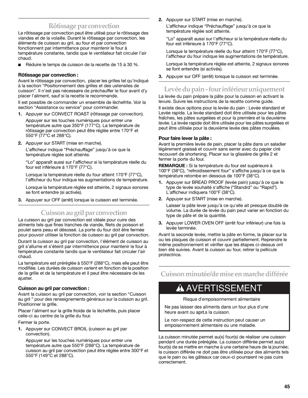 KitchenAid KDRS505XSS manual Rôtissage parconvection, Cuissonau gril parconvection, Levée du pain -fourinférieuruniquement 