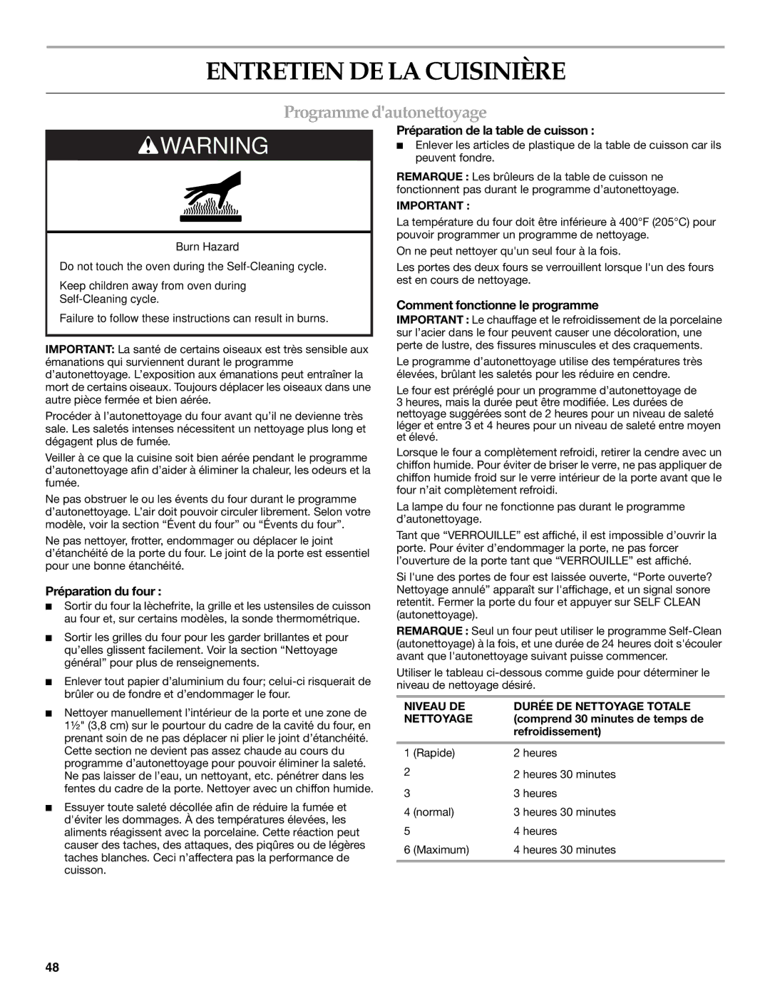 KitchenAid KDRS505XSS manual Entretien DE LA Cuisinière, Programme dautonettoyage, Préparation du four 