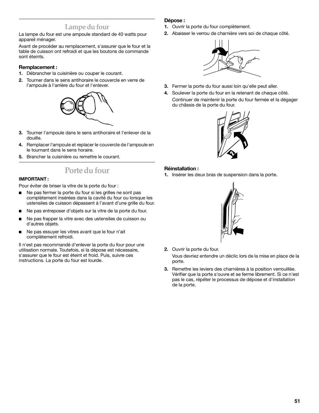 KitchenAid KDRS505XSS manual Portedufour, Lampedu four, Remplacement, Dépose, Réinstallation 