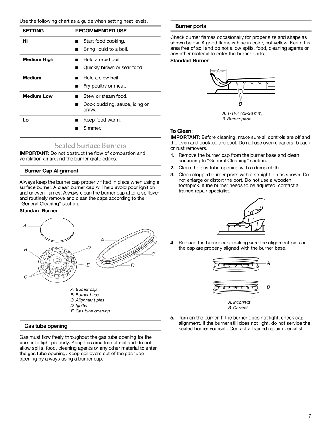 KitchenAid KDRS505XSS manual Sealed SurfaceBurners, Burner Cap Alignment, Gas tube opening, Burner ports, To Clean 