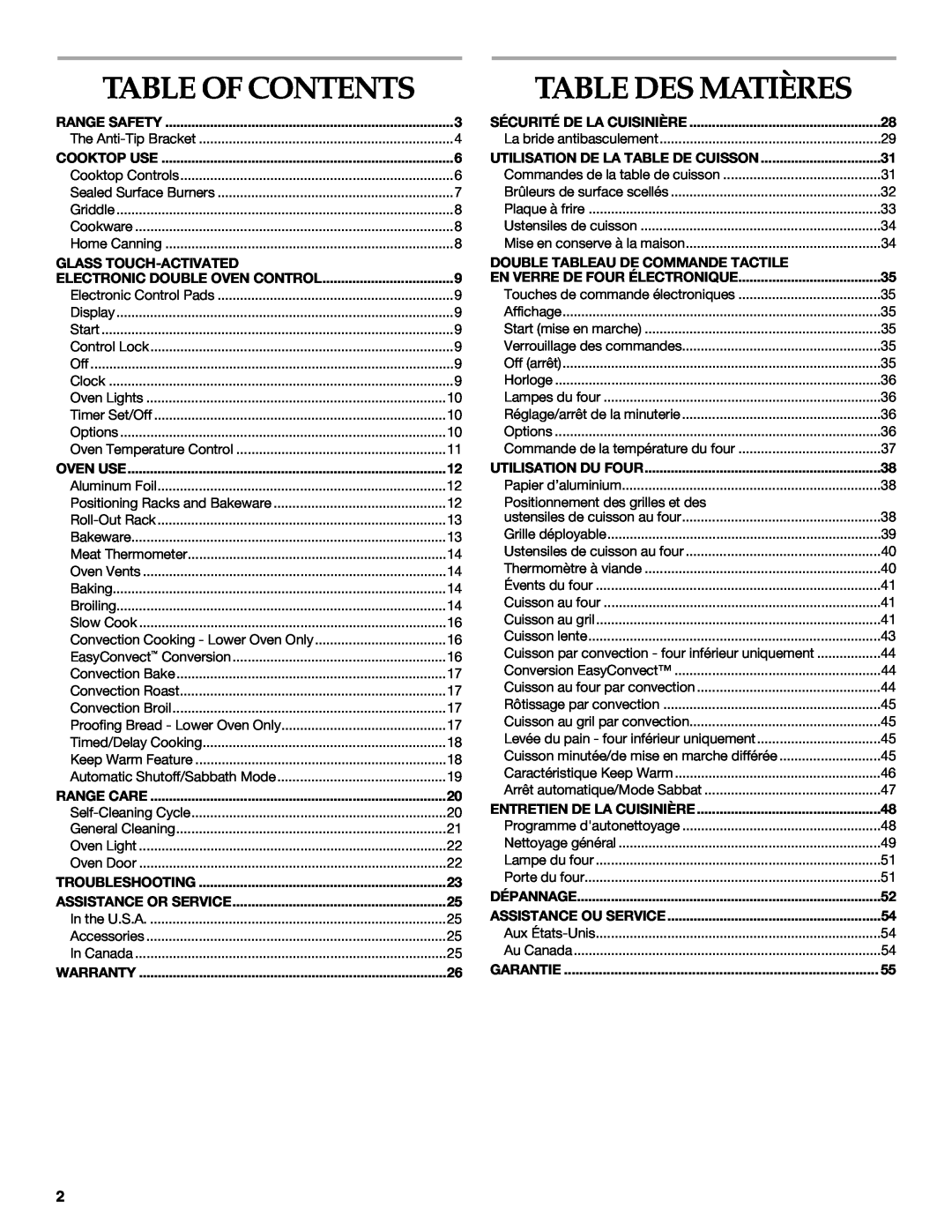 KitchenAid KDRS505XSS manual Table Of Contents, Table Des Matières 