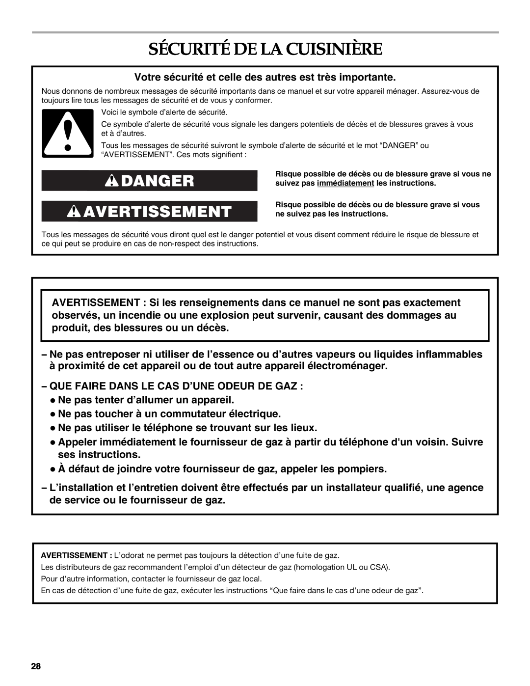 KitchenAid KDRS505XSS manual Sécurité De La Cuisinière, Danger Avertissement 