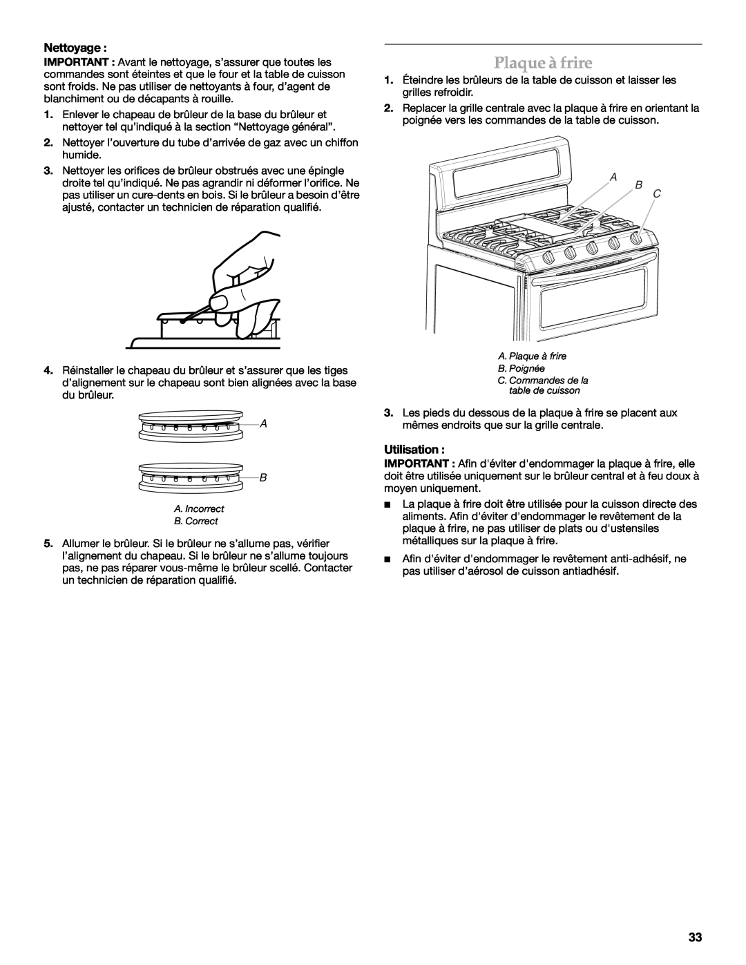 KitchenAid KDRS505XSS manual Plaque à frire, Nettoyage, Utilisation 