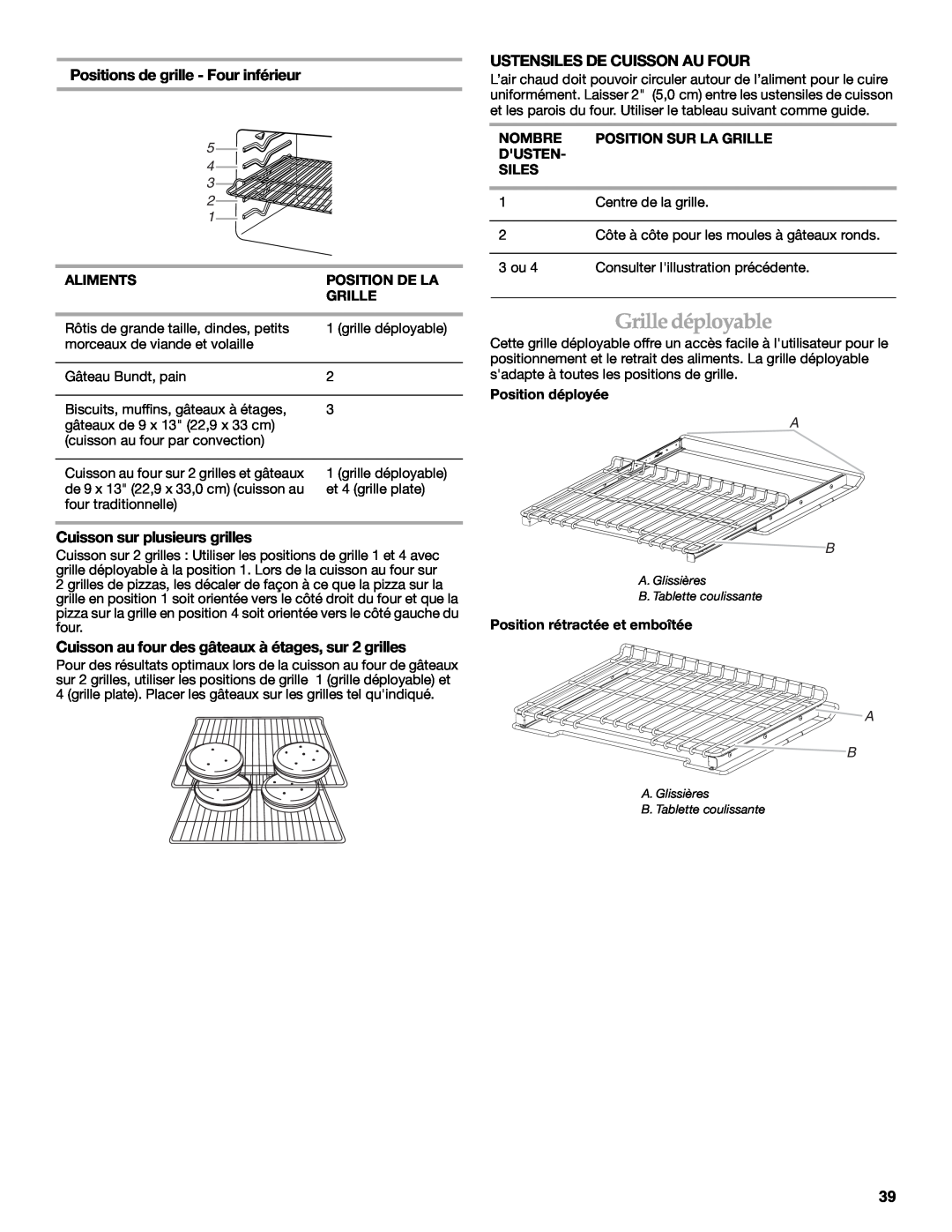 KitchenAid KDRS505XSS manual Grille déployable, Positions de grille - Four inférieur, Ustensiles De Cuisson Au Four 
