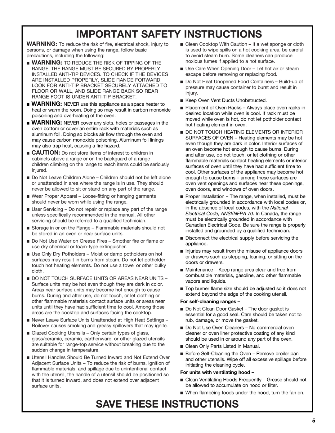 KitchenAid KDRS505XSS manual Important Safety Instructions, Save These Instructions, For self-cleaning ranges 