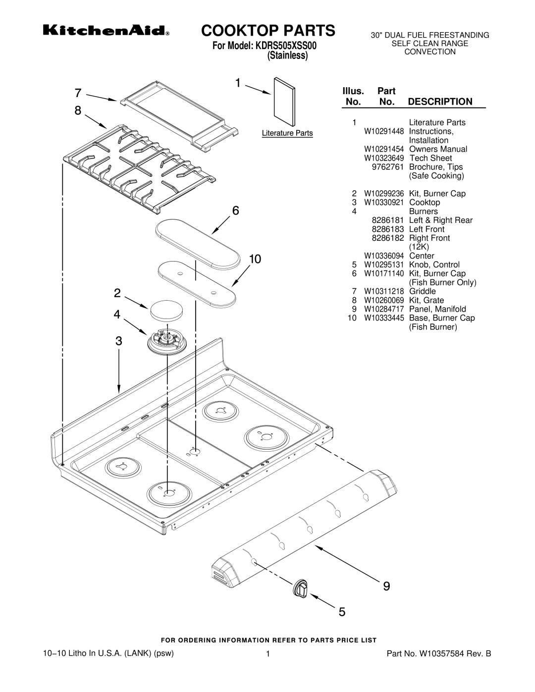 KitchenAid kdrs505xss00 owner manual Cooktop Parts, Illus. Part No. No. Description 