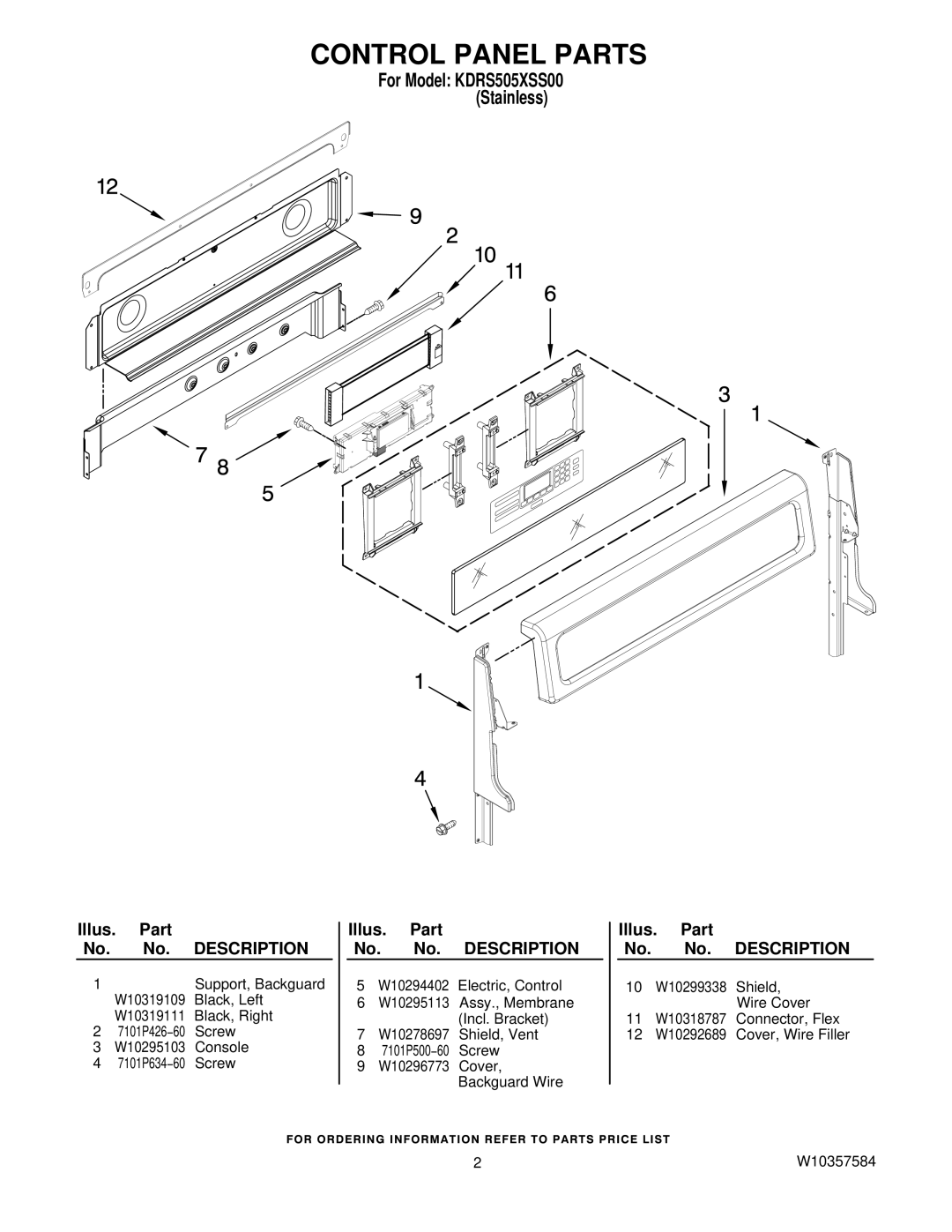 KitchenAid kdrs505xss00 owner manual Control Panel Parts 