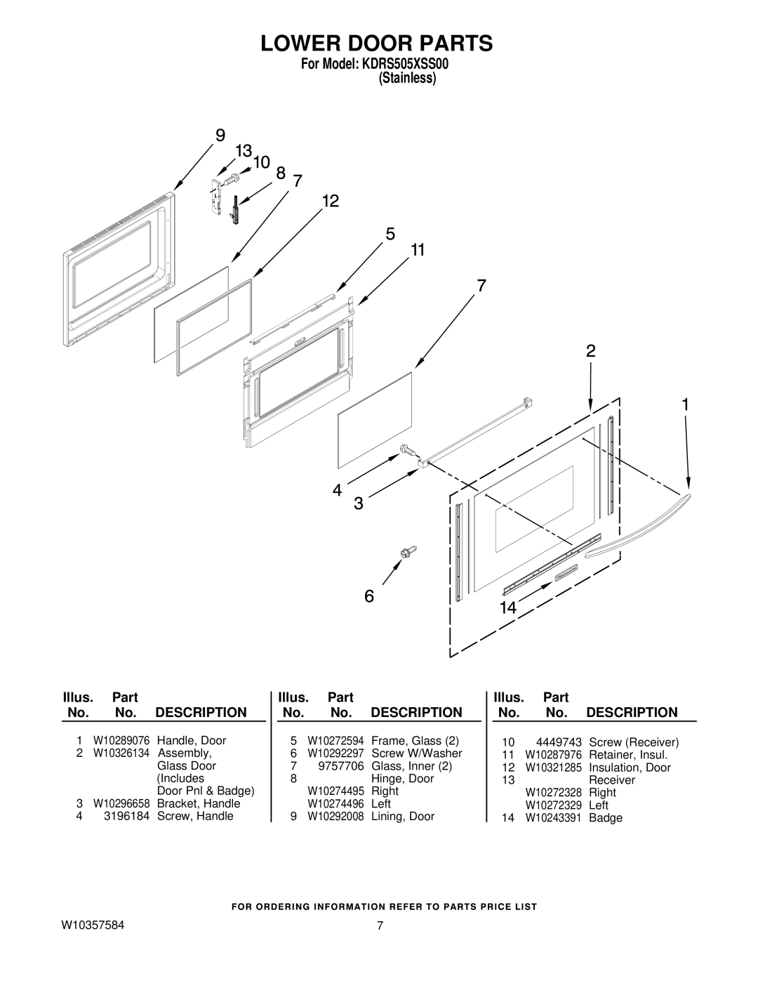 KitchenAid kdrs505xss00 owner manual Lower Door Parts 