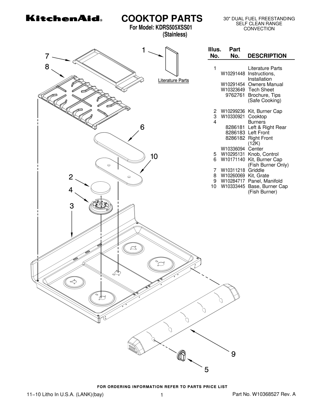 KitchenAid Kdrs505xss01 owner manual Cooktop Parts, Illus. Part No. No. Description 