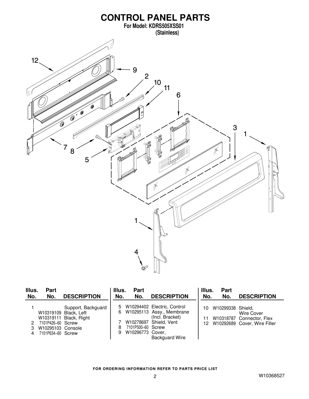 KitchenAid Kdrs505xss01 owner manual Control Panel Parts 