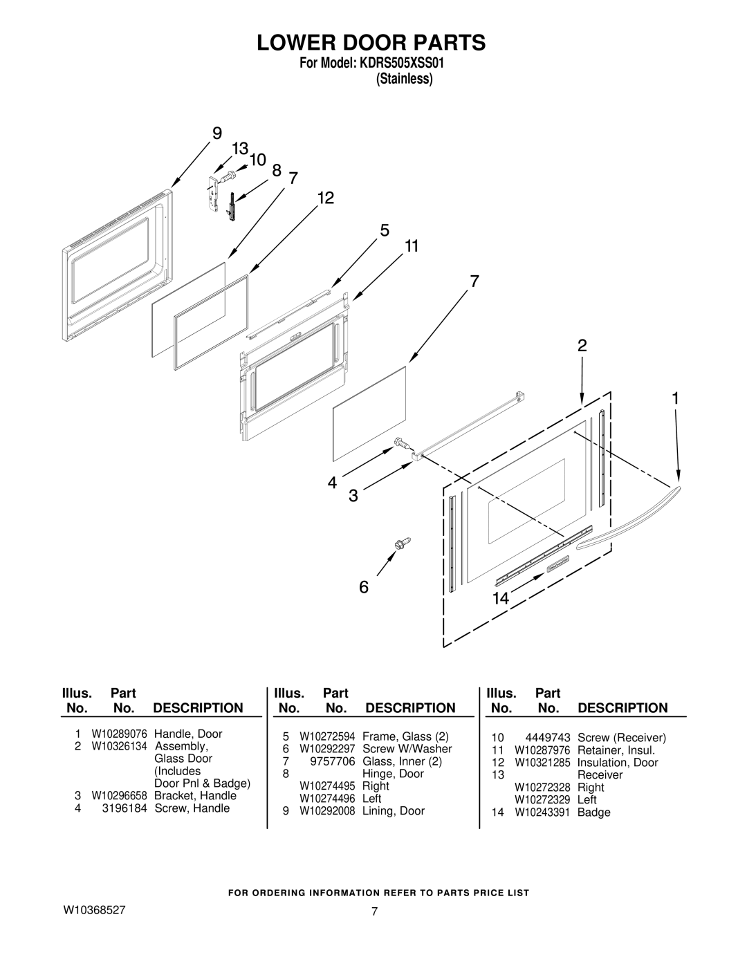 KitchenAid Kdrs505xss01 owner manual Lower Door Parts 