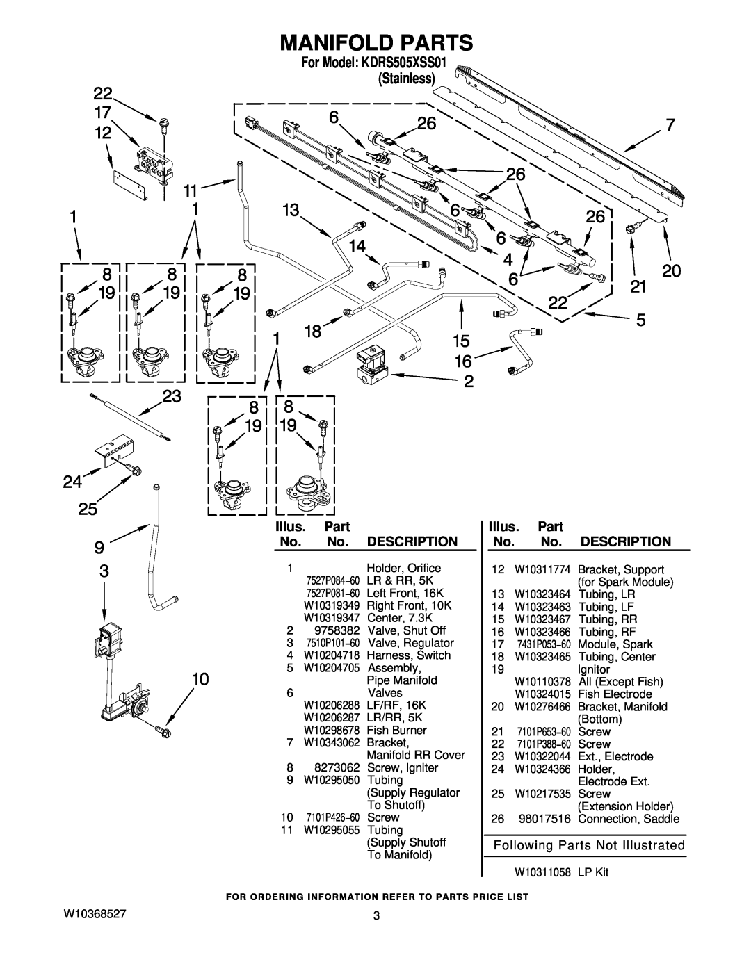 KitchenAid Kdrs505xss01 owner manual Manifold Parts, Following Parts Not Illustrated, Illus. Part No. No. DESCRIPTION 