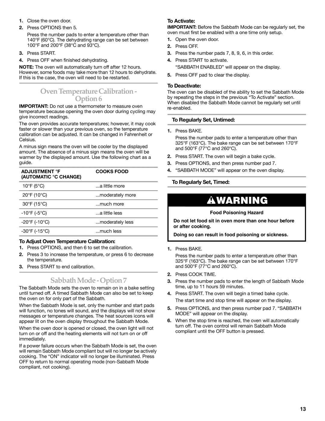 KitchenAid YKDSS907, YKDRS807 manual Oven Temperature Calibration Option, Sabbath Mode Option 