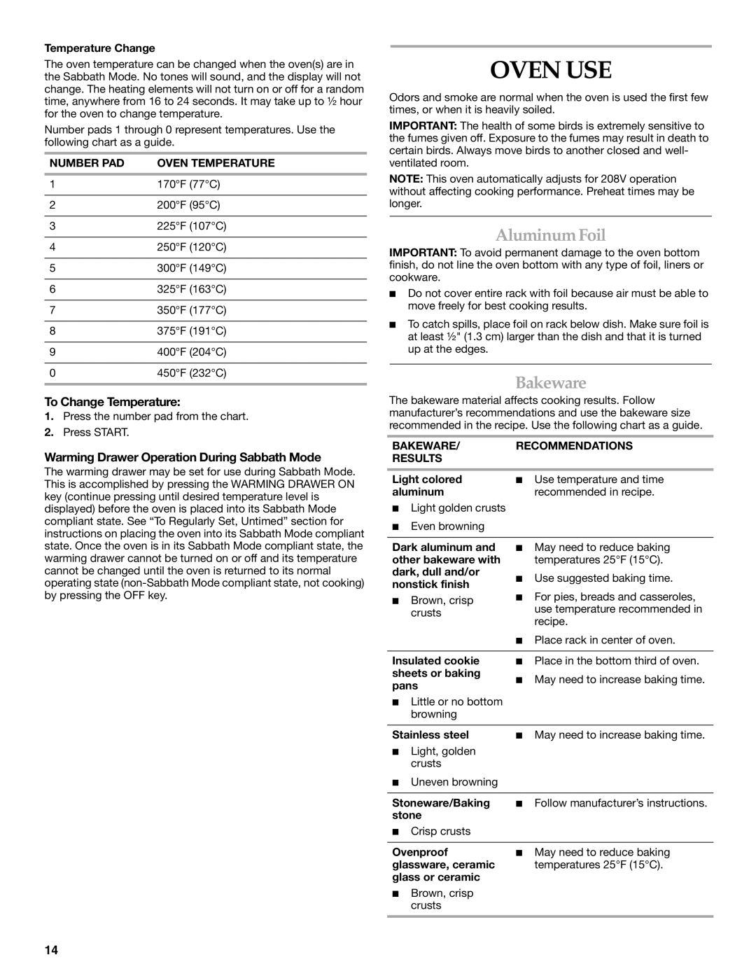 KitchenAid YKDSS907 Oven USE, Aluminum Foil, Bakeware, To Change Temperature, Warming Drawer Operation During Sabbath Mode 