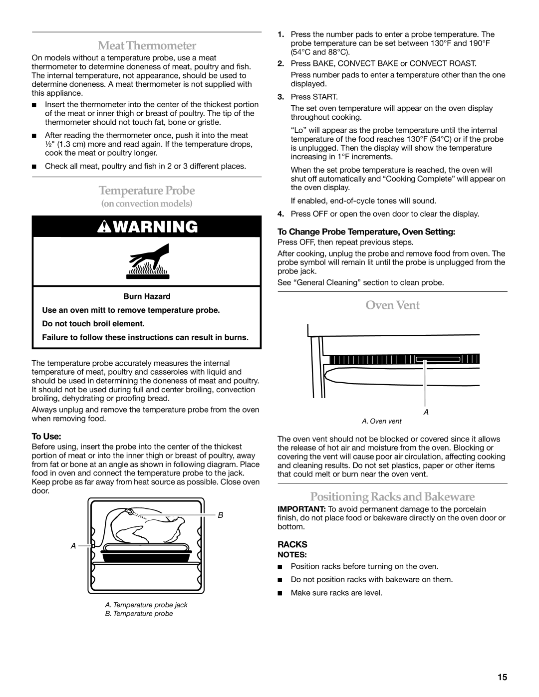 KitchenAid YKDRS807, YKDSS907 manual Meat Thermometer, Temperature Probe, Oven Vent, Positioning Racks and Bakeware 