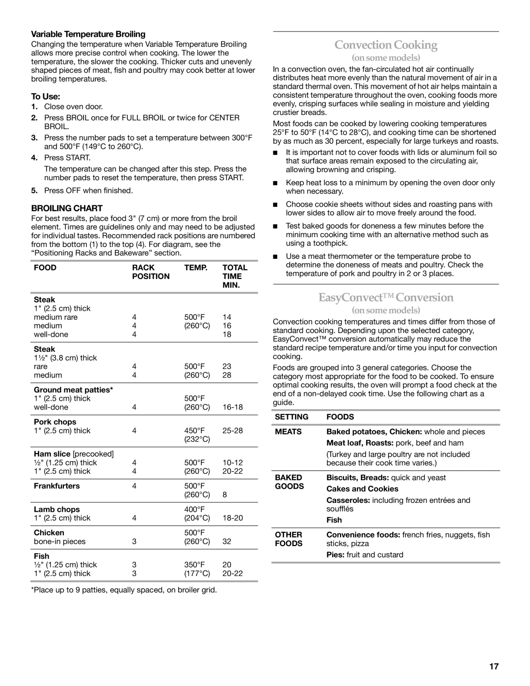 KitchenAid KDSS907, KDRS807 manual Convection Cooking, EasyConvect Conversion, Variable Temperature Broiling, Broiling Chart 