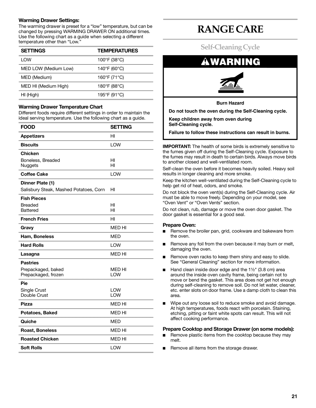 KitchenAid YKDSS907, YKDRS807 manual Range Care, Self-Cleaning Cycle, Settings Temperatures, Food Setting 