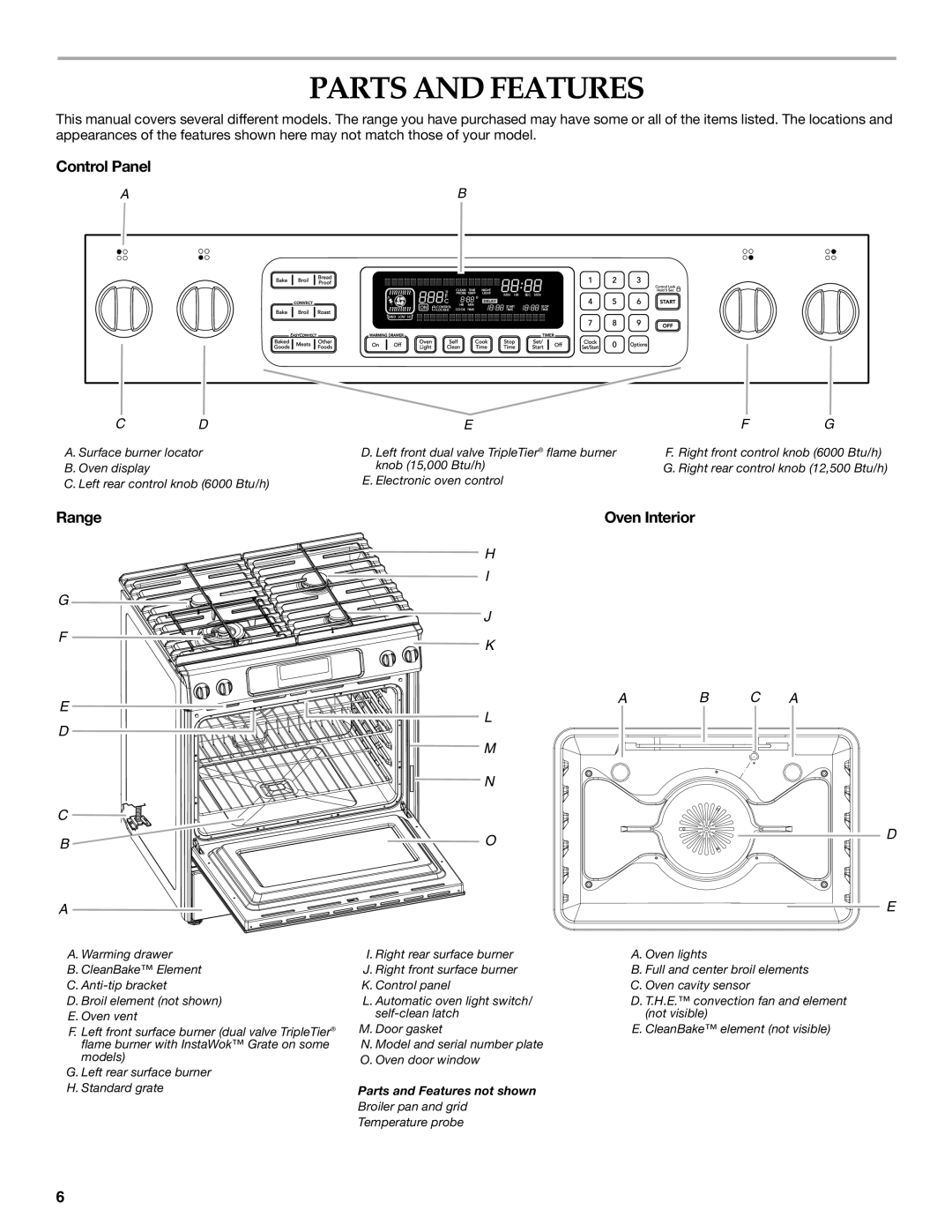 KitchenAid YKDSS907, YKDRS807 manual Parts and Features, Control Panel, Range Oven Interior 