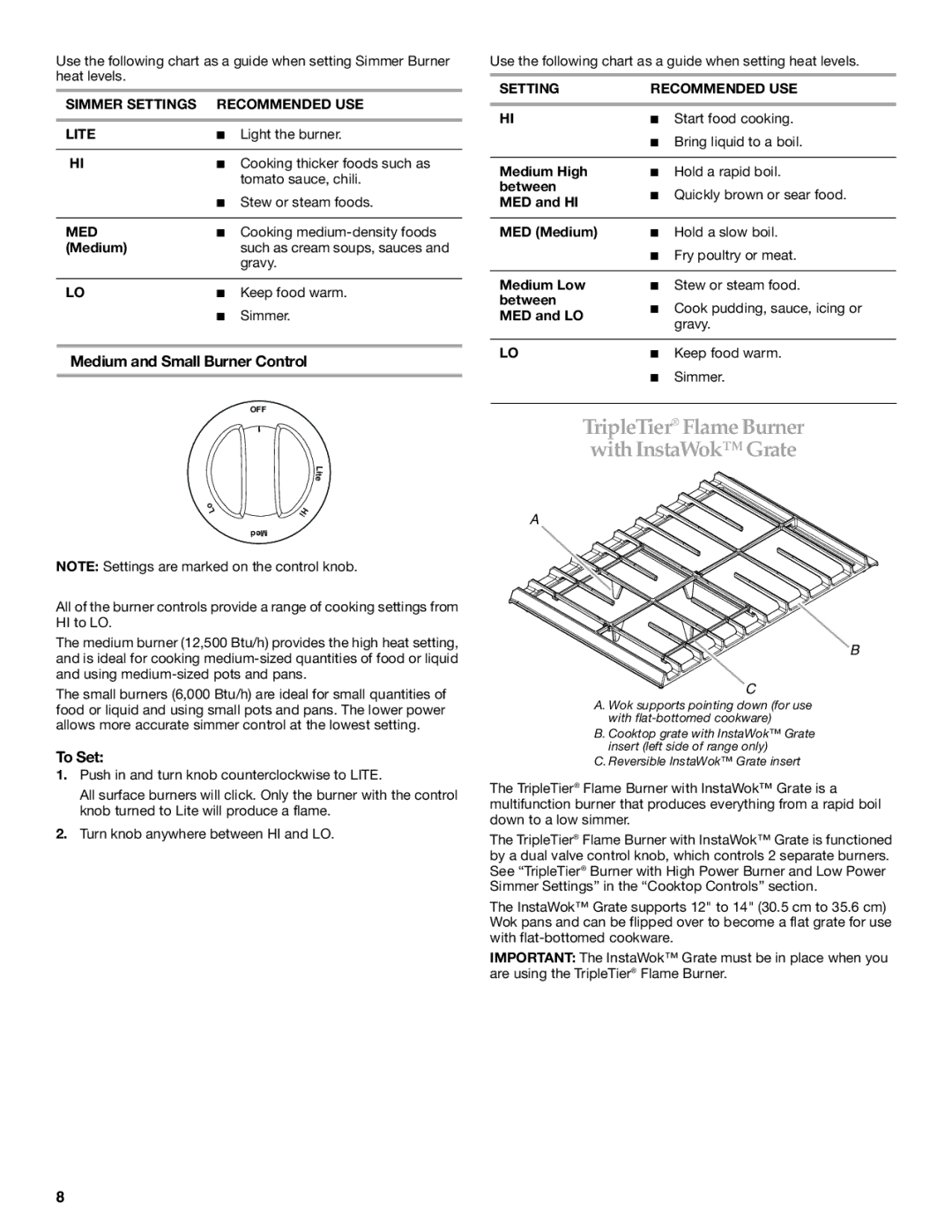 KitchenAid KDRS807, KDSS907 Medium and Small Burner Control, Simmer Settings Recommended USE Lite, Setting Recommended USE 