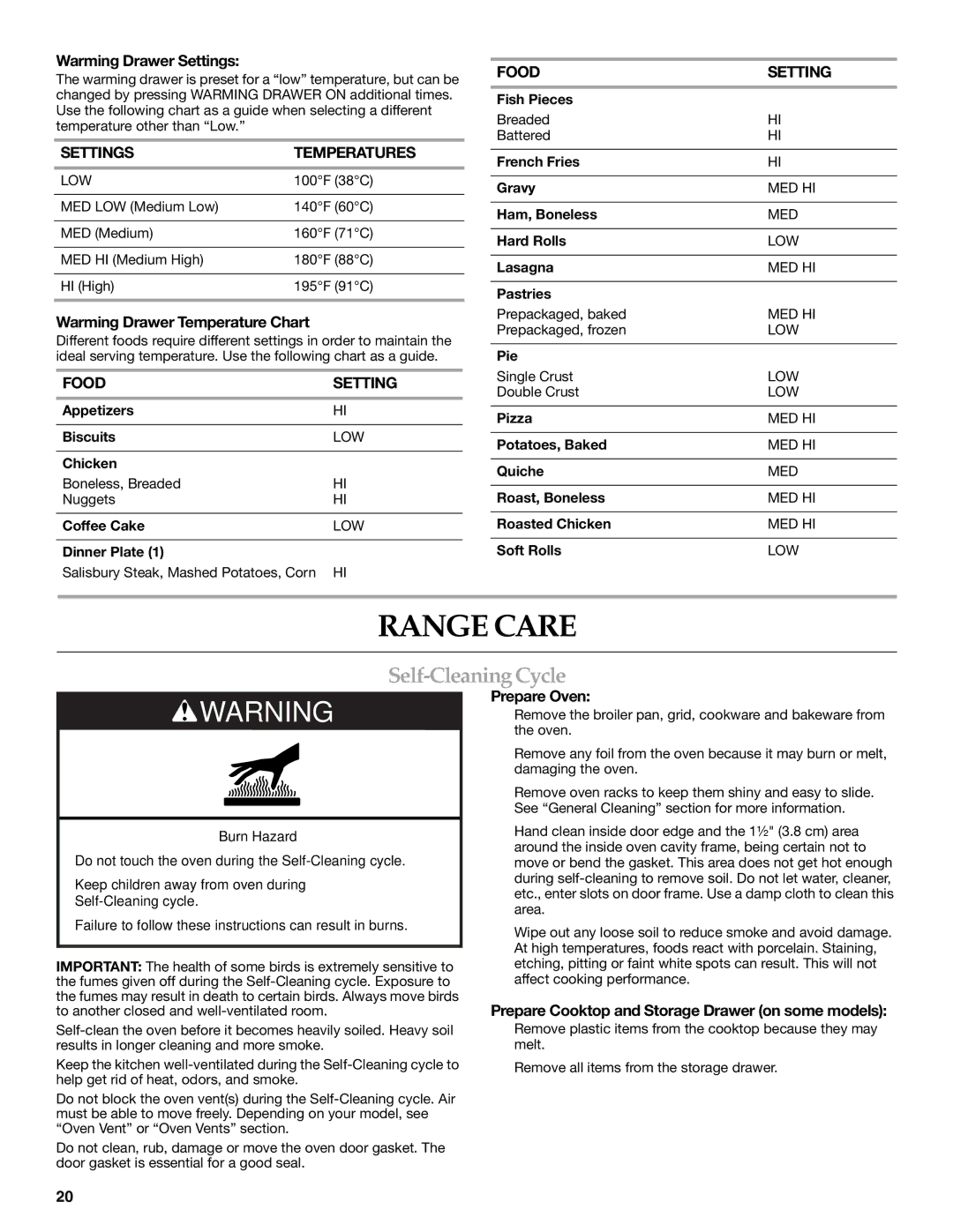 KitchenAid YKDSS907, YKDRS807 manual Range Care, Self-Cleaning Cycle, Settings Temperatures, Food Setting 