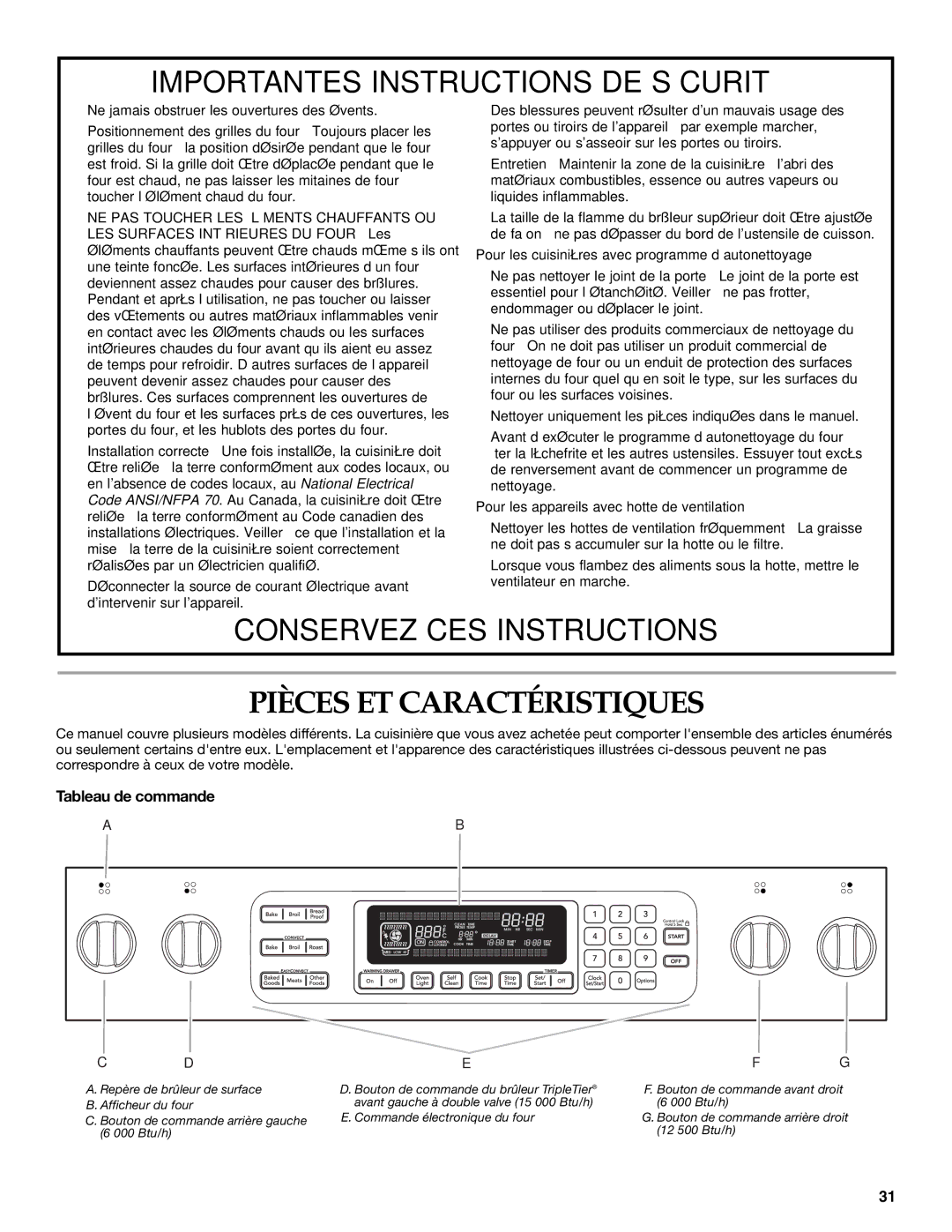 KitchenAid YKDRS807, YKDSS907 manual Pièces ET Caractéristiques, Tableau de commande 