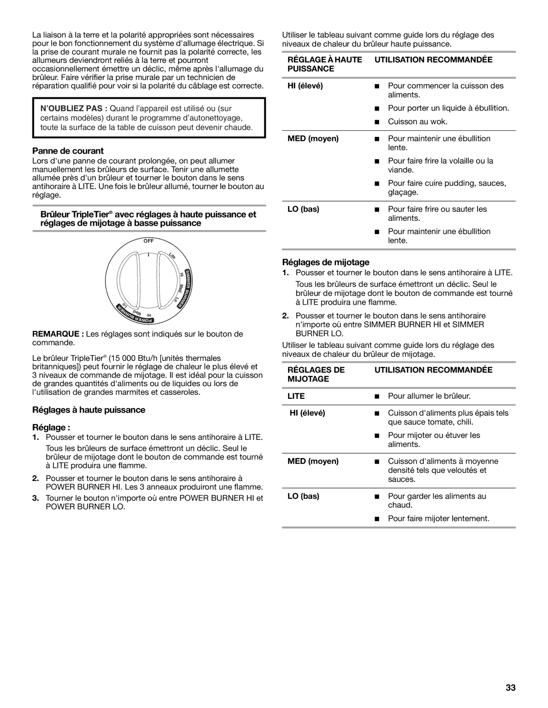 KitchenAid YKDSS907, YKDRS807 manual Panne de courant, Réglages à haute puissance, Réglages de mijotage 