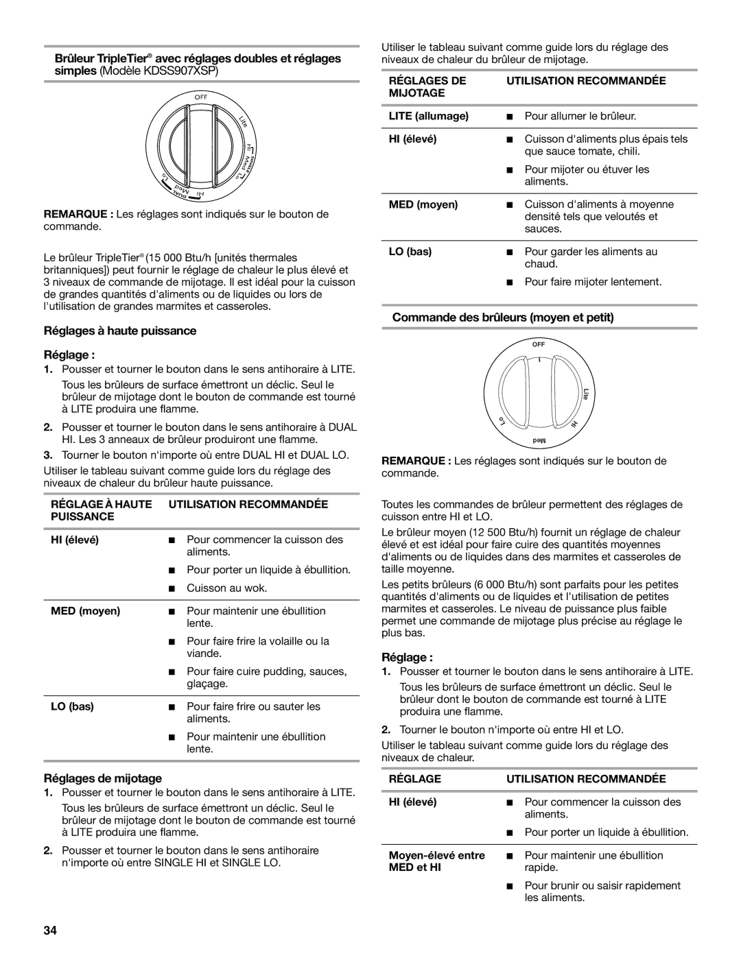 KitchenAid YKDSS907, KDRS807 manual Commande des brûleurs moyen et petit, Réglages DE Utilisation Recommandée Mijotage 