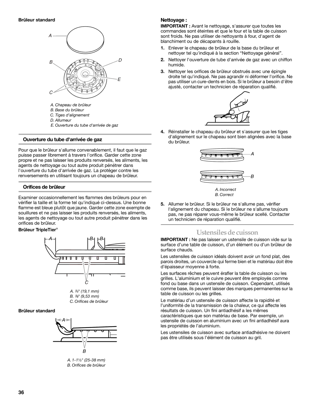 KitchenAid KDRS807, KDSS907 manual Ustensilesdecuisson, Ouverture du tube darrivée de gaz, Orifices de brûleur, Nettoyage 