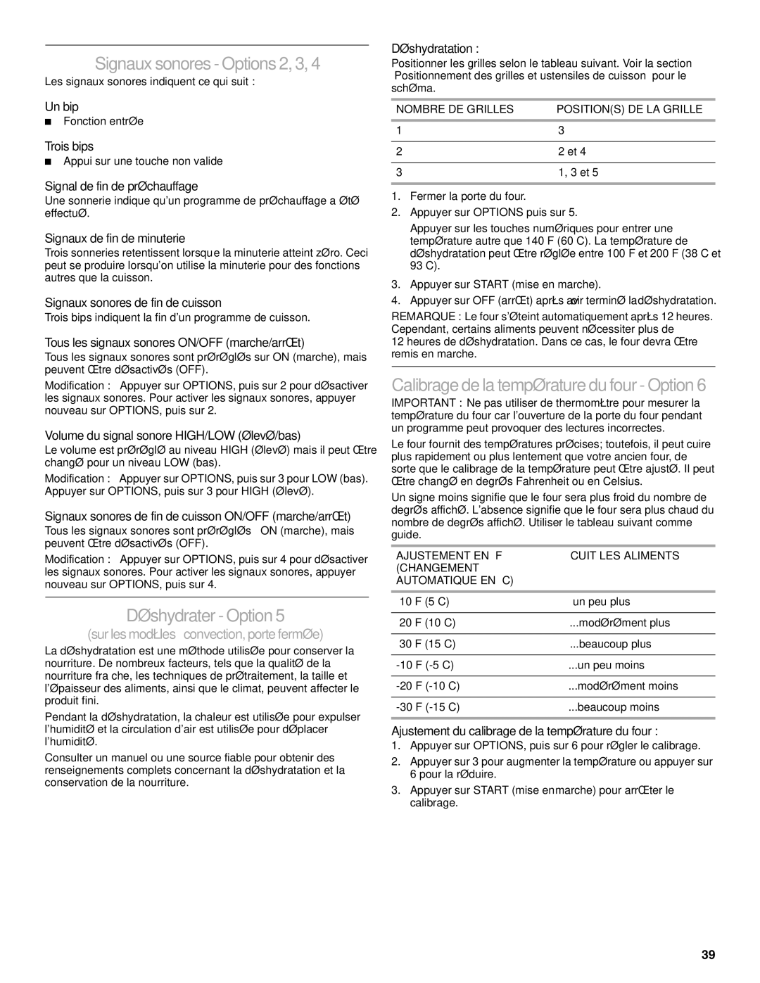 KitchenAid YKDRS807, KDSS907 Signaux sonores -Options2,3, Déshydrater Option, Calibragedela températuredufour- Option6 