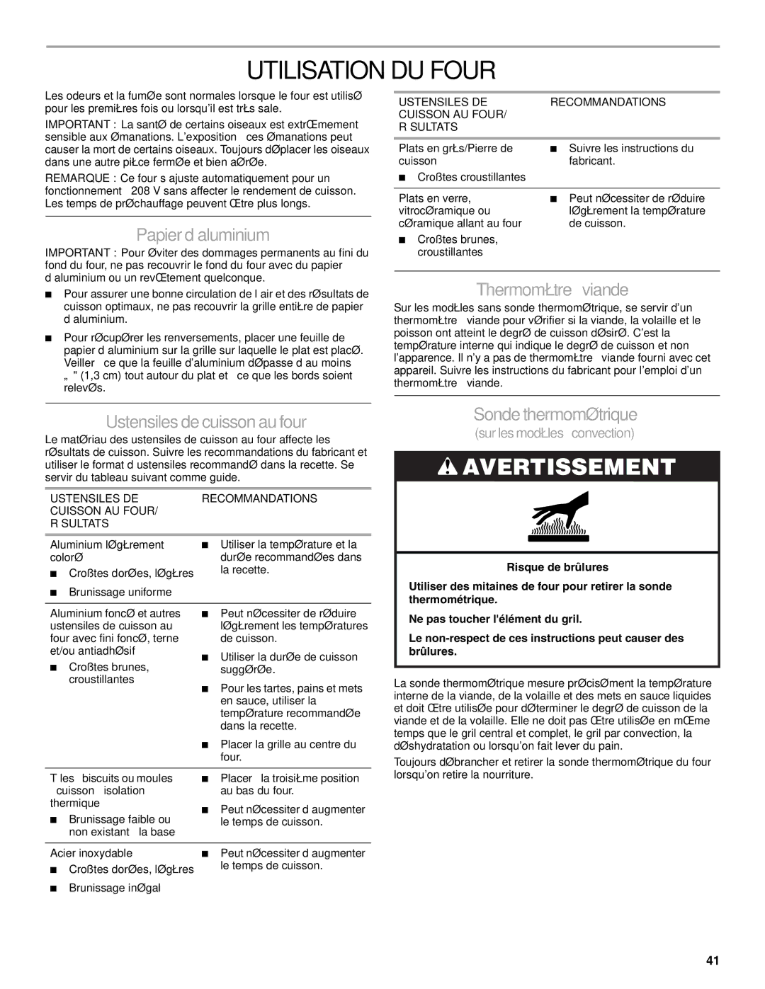 KitchenAid KDSS907, KDRS807 manual Utilisation DU Four, Papierd’aluminium, Thermomètreàviande, Ustensiles decuisson au four 