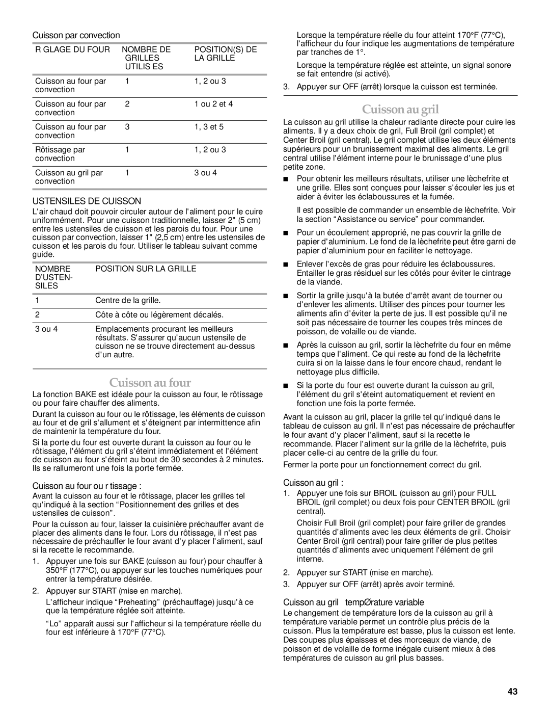 KitchenAid YKDRS807, YKDSS907 manual Cuisson au four, Cuisson au gril, Ustensiles DE Cuisson 