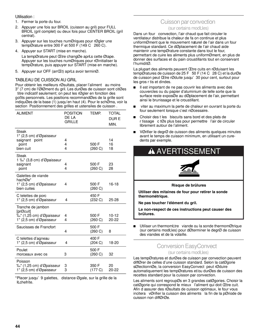 KitchenAid YKDSS907, YKDRS807 manual Cuisson parconvection, ConversionEasyConvect, Tableau DE Cuisson AU Gril 