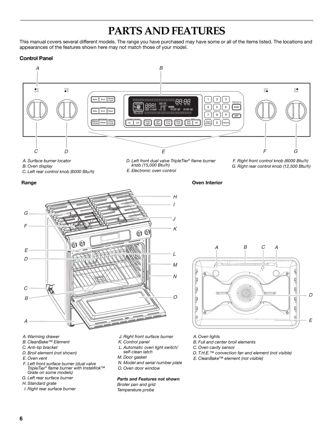 KitchenAid YKDSS907, YKDRS807 manual Parts and Features, Control Panel, Range Oven Interior 