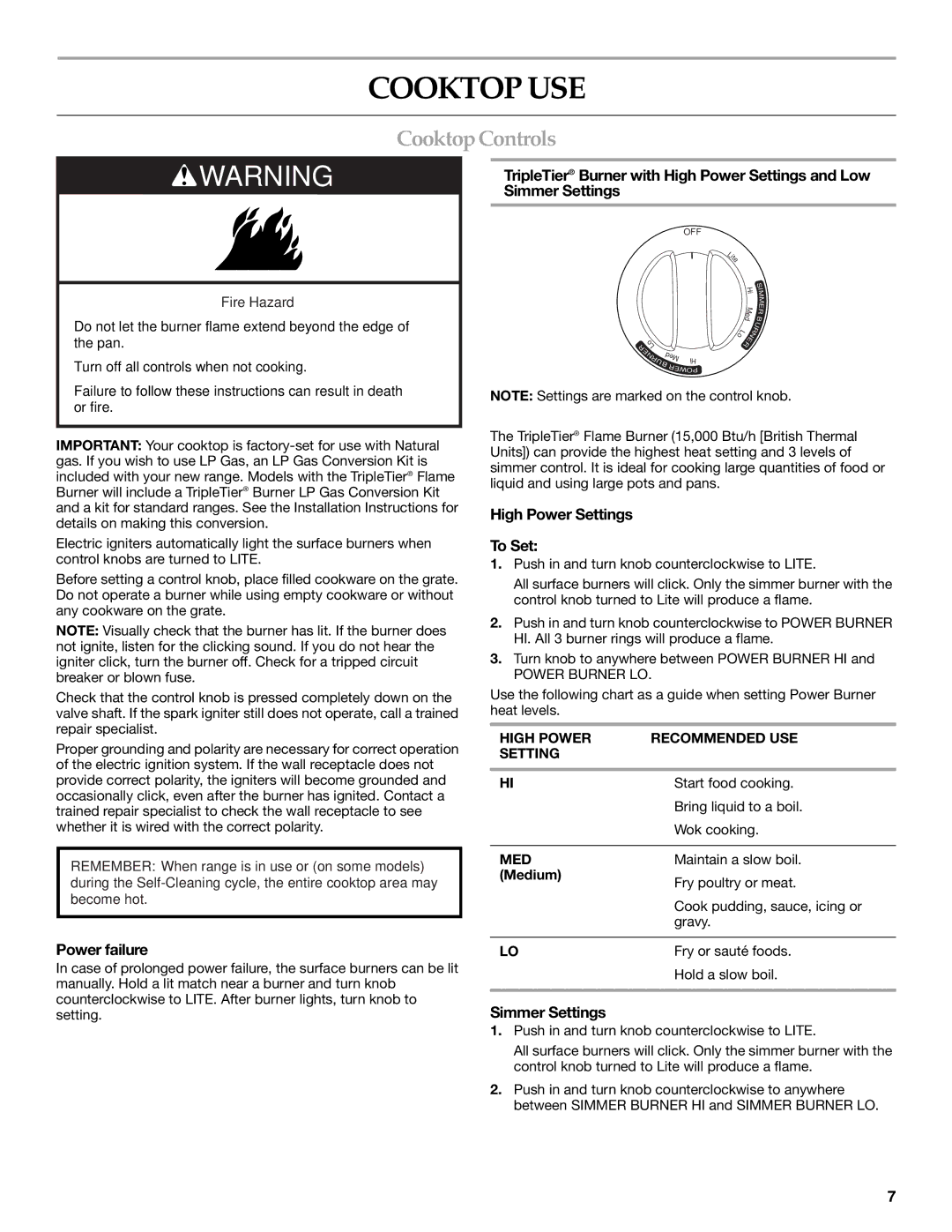 KitchenAid YKDRS807, KDSS907 Cooktop USE, Cooktop Controls, High Power Settings To Set, Power failure, Simmer Settings 