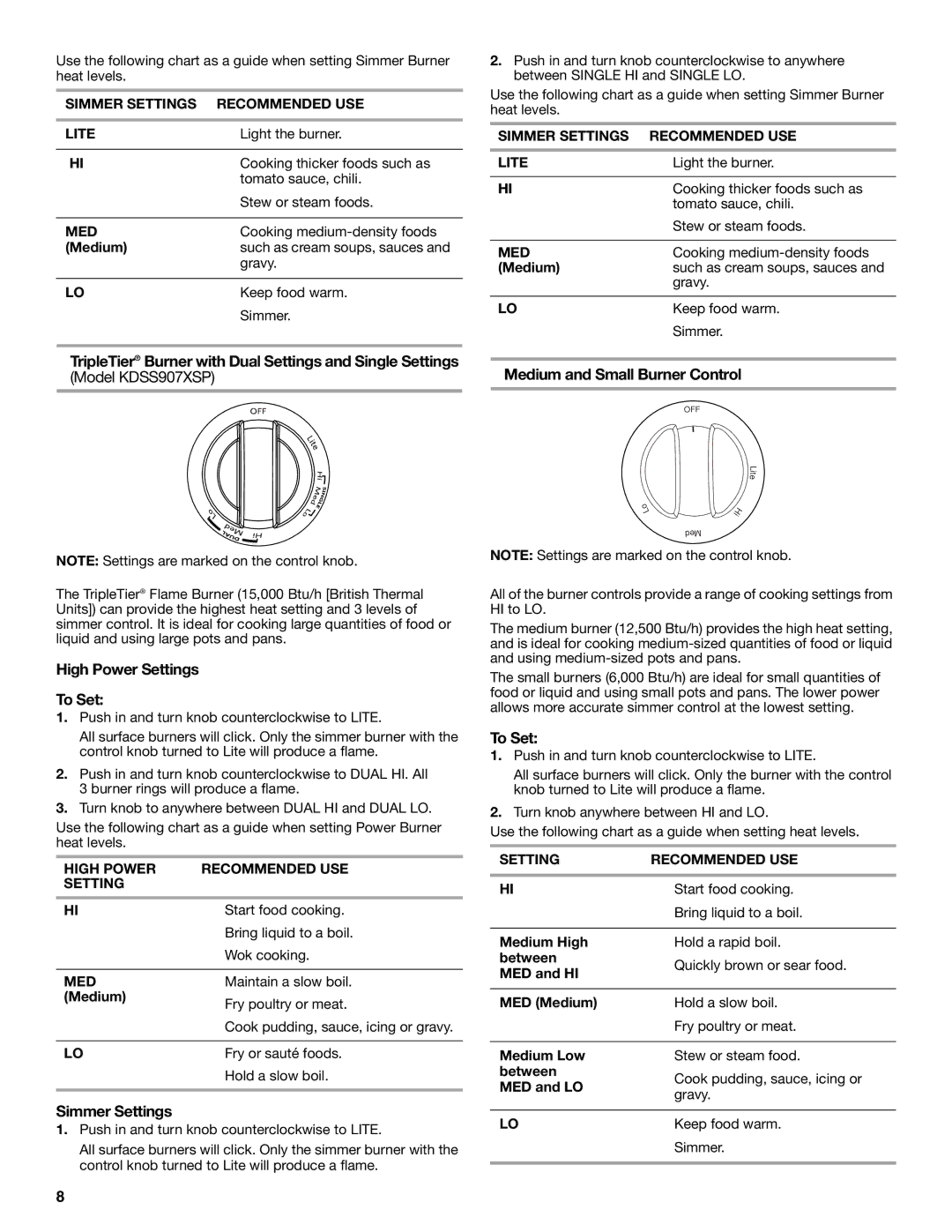 KitchenAid KDRS807, KDSS907 manual TripleTier Burner with Dual Settings and Single Settings, Medium and Small Burner Control 