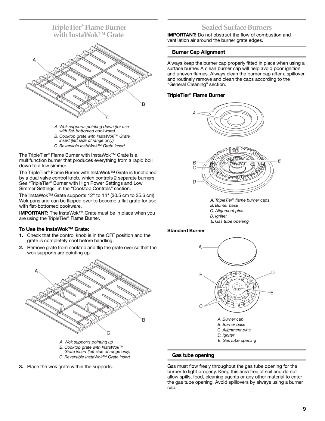 KitchenAid KDSS907 manual Sealed Surface Burners, To Use the InstaWok Grate, Burner Cap Alignment, TripleTier Flame Burner 