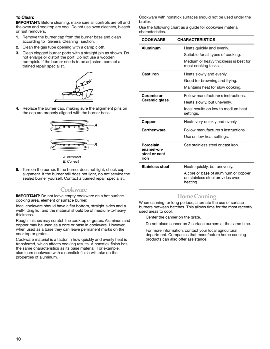 KitchenAid KDRS807 manual Home Canning, To Clean, Cookware Characteristics 