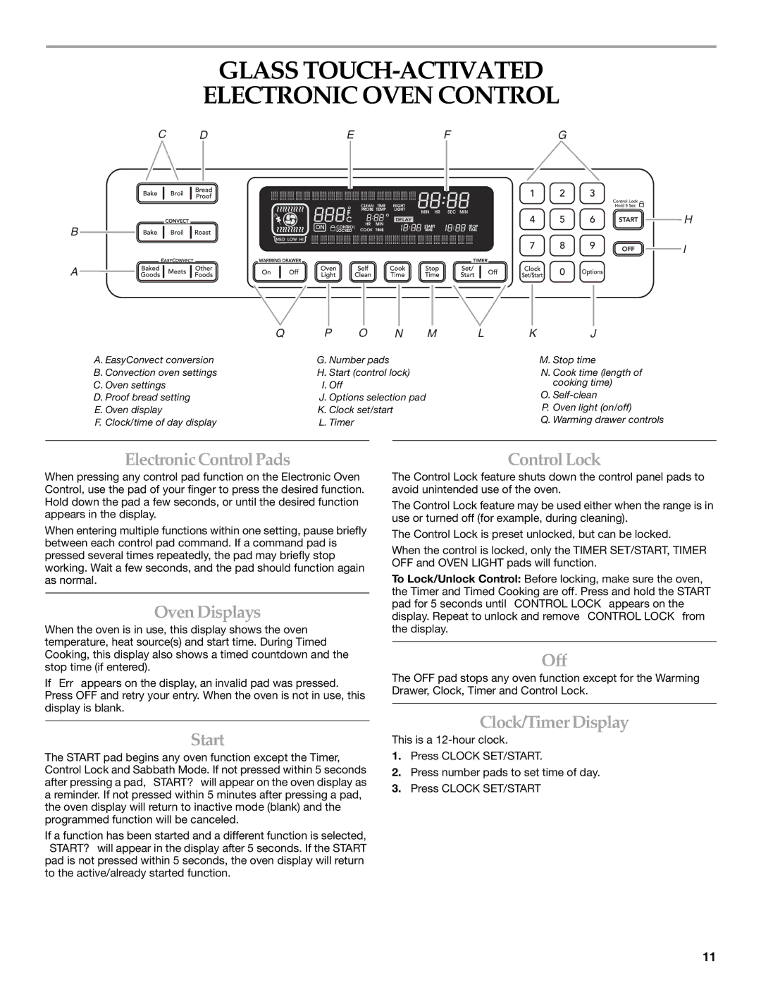 KitchenAid KDRS807 manual ElectronicControlPads, Oven Displays, Start, ControlLock, Off, Clock/Timer Display 