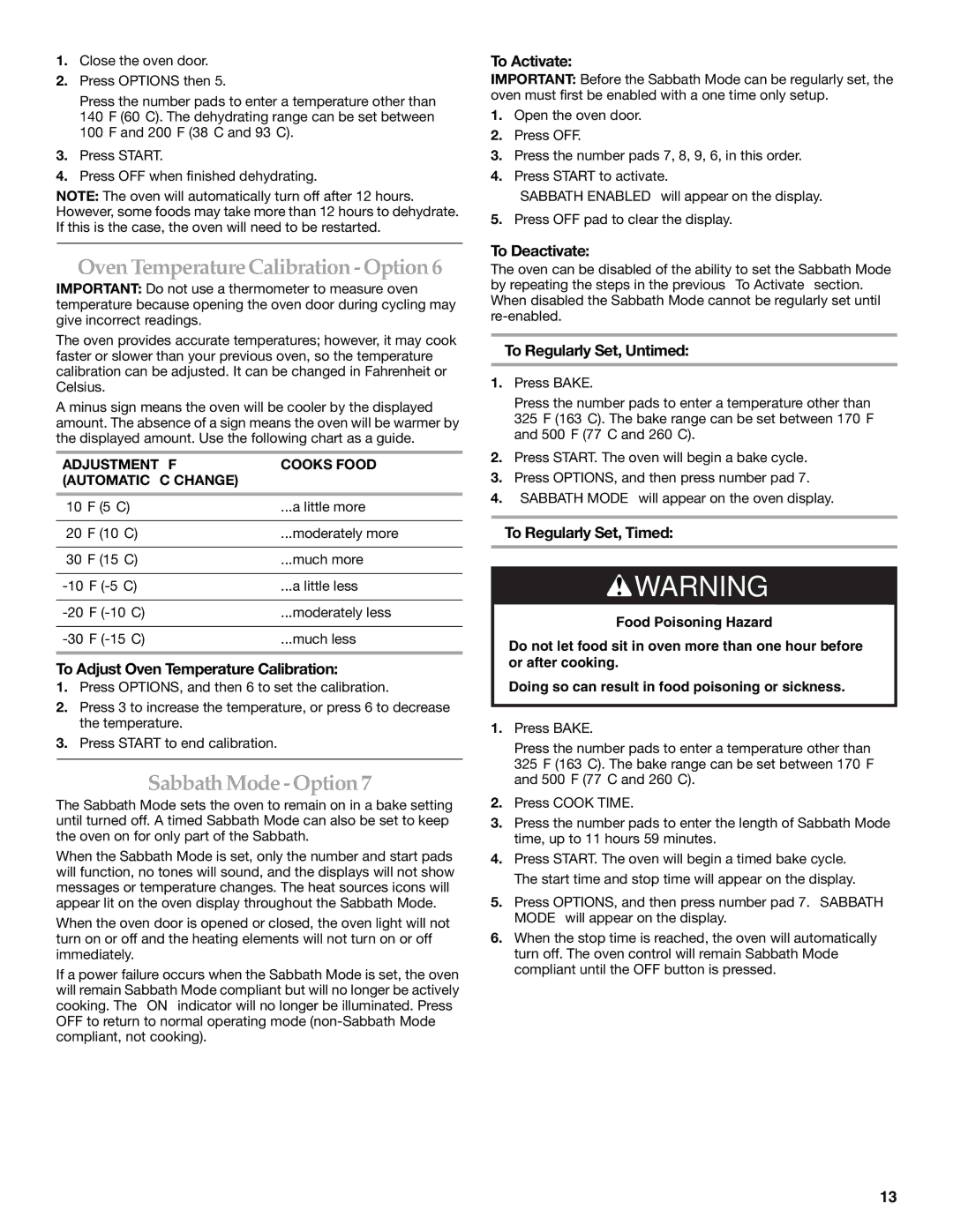 KitchenAid KDRS807 manual Oven Temperature Calibration -Option, Sabbath Mode -Option 