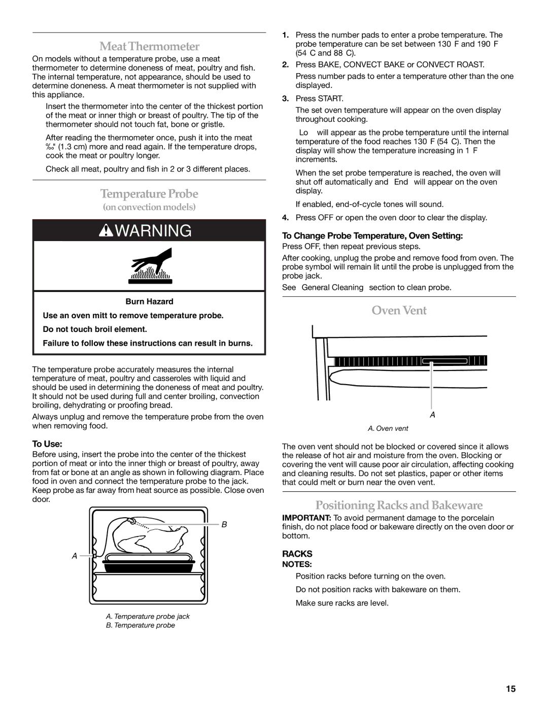 KitchenAid KDRS807 manual MeatThermometer, Temperature Probe, Oven Vent, Positioning Racks and Bakeware 